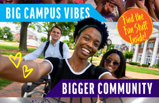 Detail of cover; text reads "Big Campus Vibes, Bigger Community" and "Find the Fun Stuff Inside"